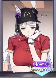 Rule 34 | 1girl, baseball cap, black hat, blunt bangs, bow, collared shirt, drive-thru, ear bow, ear ornament, frown, gameplay mechanics, gloves, gold ship (umamusume), hand on own chin, hat, headset, highres, horse girl, jenshenya, looking down, mcdonald&#039;s, pink eyes, red shirt, shirt, short sleeves, solo, umamusume, upper body, white gloves, white hair, window