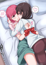 2girls absurdres asumi-chan_wa_rezu_fuuzoku_ni_kyoumi_ga_arimasu! black_pantyhose blush bound bound_wrists brown_hair commentary_request green_skirt heart highres koe-paint kusumoto_asumi long_hair long_sleeves multiple_girls on_bed ookura_nanao pantyhose parted_lips pillow pink_hair pink_shirt shirt short_sleeves skirt spoken_blush spoken_heart sweat white_shirt yuri
