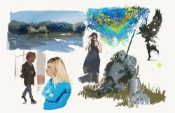 Rule 34 | 1boy, 2girls, blue sky, broken, camera, day, holding, holding camera, looking at viewer, multiple girls, original, painting (medium), river, riverbank, robot, sky, slow d, traditional media, water, white background