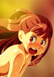 1girl :o blush brown_eyes brown_hair carinae collarbone commentary_request crying eyelashes from_side implied_sex kagari_atsuko little_witch_academia long_hair looking_back nude open_mouth single_sidelock solo sweat tears teeth tongue upper_teeth_only