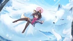 absurdres alternate_costume animal_ear_fluff animal_ears black_pantyhose blue_archive brown_hair fang fox fox_ears fox_girl fox_tail grey_jacket hair_between_eyes hair_ornament highres izuna_(blue_archive) jacket long_hair miku_rasha no_shoes open_mouth pantyhose pink_scarf pom_pom_(clothes) pom_pom_hair_ornament scarf sidelocks tail v yellow_eyes