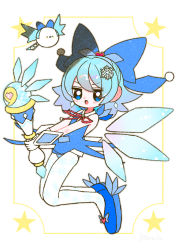 1girl blue_dress blue_eyes blue_footwear blue_hair bow card_(medium) circled_9 cirno dotaku_(wran8845) dress earrings fairy film_grain footwear_ornament gloves hair_bow hair_ornament heart holding holding_wand ice ice_wings jewelry looking_at_viewer magical_girl open_mouth red_neckwear short_hair sleeveless snowflake_hair_ornament snowflake_print t_t touhou wand white_gloves white_legwear wings yume_kawaii