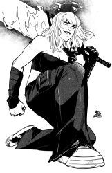 1girl bare_shoulders blank_eyes breasts cargo_pants cleavage commentary english_commentary fire flaming_weapon full_body gauntlets greyscale halo highres holding holding_sword holding_weapon magik_(x-men) marvel medium_breasts monochrome mx._moz on_one_knee pants shoes signature single_gauntlet smile sneakers solo spiked_knuckles strapless sword toned toned_female tube_top weapon x-men