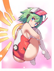 1girl ahoge ass azure_striker_gunvolt bare_shoulders blue_eyes blush breasts cougar_(cougar1404) from_behind green_hair headgear huge_ass hugging_own_legs leotard looking_at_viewer looking_back medium_breasts roro_(gunvolt) short_hair sideboob smile solo thick_thighs thighhighs thighs wings