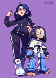 2girls absurdres ahoge artist_name black-framed_eyewear black_gloves black_hair black_jacket black_pants blue_hair breasts closed_mouth earrings fingerless_gloves glasses gloves highres jacket jewelry large_breasts long_sleeves matsumoto_gogo matsumoto_nono multiple_girls pants parted_lips punch_punch_forever! purple_background red_lips round_eyewear shoes short_hair short_sleeves siblings simple_background sisters sneakers speedoru white_footwear zipper zipper_pull_tab