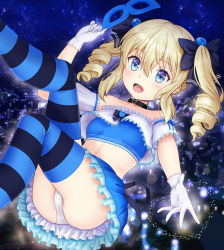 :d angelina_kudou_shields beads black_choker blonde_hair blue_eyes blue_mask blue_ribbon blush bra breasts carnival_mask choker collarbone detached_sleeves drill_hair frilled_skirt frills gloves hair_beads hair_between_eyes hair_ornament highres looking_at_viewer magical_girl mahouka_koukou_no_rettousei mask medium_hair midriff nanikairu open_mouth panties reaching reaching_towards_viewer ribbon skirt small_breasts smile stomach strapless strapless_bra thighs tube_top twin_drills underwear unworn_mask white_gloves white_panties