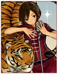 1girl animal blue_background border brown_eyes brown_hair closed_mouth dress expressionless gradient_background halftone halftone_background hand_on_own_chest headphones highres holding holding_microphone looking_to_the_side meiko_(vocaloid) microphone microphone_stand red_border red_dress short_hair sparkle tiger vocaloid white_border yellow_background zalupk228