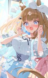 1girl almond_eye_(umamusume) animal_ears blue_eyes blue_hair blush bow braid breasts brown_hair center_frills colored_inner_hair commentary_request cross-shaped_pupils frilled_shirt frills hair_bow highres holding horse_ears horse_girl large_breasts long_hair looking_at_viewer multicolored_hair open_mouth saboten_mushi shirt single_braid symbol-shaped_pupils too_many_hair_ornaments umamusume white_bow