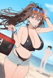 1boy 1girl absurdres aozaki_aoko bare_shoulders beach bikini black_bikini blue_eyes blue_shorts blush breasts brown_hair cleavage ebora grin hair_intakes highres large_breasts long_hair looking_at_viewer mahou_tsukai_no_yoru male_swimwear navel non-web_source shizuki_soujuurou shore short_hair short_shorts shorts sidelocks smile solo_focus sunglasses swim_trunks swimsuit tan thighs white_shorts
