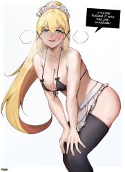 Rule 34 | 1girl, apron, bikini, black bikini, black thighhighs, blonde hair, blue eyes, blush, breasts, cleavage, collarbone, darkness (konosuba), drooling, english text, eroborne, front-tie bikini top, front-tie top, highres, kono subarashii sekai ni shukufuku wo!, large breasts, long hair, looking at viewer, maid, maid apron, maid bikini, maid headdress, ponytail, sidelocks, solo, swimsuit, thighhighs, unconventional maid, very long hair, white apron, white background