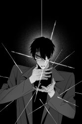 1boy benkdjjituibot black_coat black_hair black_shirt coat constricted_pupils curtained_hair film_grain glowing_scar gouged_eye hair_over_one_eye hand_on_own_neck highres impaled looking_at_viewer male_focus multiple_scars omniscient_reader&#039;s_viewpoint open_mouth scar scar_on_hand shirt short_hair solo spread_fingers upper_body yoo_joonghyuk