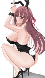 1girl ahoge all_happy alternate_costume animal_ear_hairband animal_ears ass back black_leotard black_shoes black_wrist_cuffs blush breasts brown_eyes brown_hair closed_mouth colored_eyelashes commentary_request curvy detached_collar eyes_visible_through_hair fake_animal_ears fake_tail from_behind full_body hair_between_eyes hair_ribbon hairband half_updo hands_up high_heels highleg highleg_leotard highres holding holding_pole large_breasts leotard long_hair looking_at_viewer misakura_rin no_socks playboy_bunny pole pole_dancing rabbit_ears rabbit_tail red_ribbon ribbon sakura_no_uta shoes sideboob simple_background smile solo squatting straight_hair strapless strapless_leotard tail thighs very_long_hair white_background wrist_cuffs