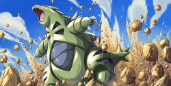 Rule 34 | absurdres, black eyes, claws, cloud, commentary request, day, fangs, fish.boy, from below, gen 2 pokemon, highres, nintendo, no humans, open mouth, outdoors, pokemon, pokemon (creature), rock, sky, solo, tongue, tyranitar