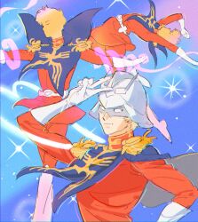 Rule 34 | 1boy, blonde hair, char aznable, commentary request, epaulettes, gloves, gundam, gundam gquuuuuux, helmet, henshin, highres, jacket, long sleeves, male focus, mask, military uniform, mobile suit gundam, red jacket, ribbon, sailor moon pose, sailor senshi, short hair, smile, tkrkve43, zeon