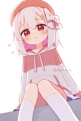 Rule 34 | 1girl, akino yuki (1n4b4), akino yuki (1n4b4) (cosplay), beret, blush, bow, brown hat, closed mouth, cosplay, drawstring, flower, hair between eyes, hair bow, hair ornament, hairclip, hat, highres, hood, hood down, hoodie, kneehighs, knees together feet apart, kotone (ayanepuna), multicolored hair, original, pleated skirt, purple hair, red eyes, revision, simple background, sitting, skirt, socks, solo, twitter username, two-tone hair, wavy mouth, white background, white bow, white hair, white hoodie, white skirt, white socks, yuune (ayanepuna)