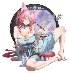 1girl absurdres alcohol animal_ears arknights bare_shoulders blue_dress blush bottle breasts closed_mouth collarbone cup dress fingernails ghosty_(xiaobai) highres holding holding_cup holding_paintbrush huge_breasts knee_up lattice long_hair nail_polish official_alternate_costume paintbrush pink_eyes pink_hair pink_nails pink_sash pozyomka_(arknights) pozyomka_(beside_dreams)_(arknights) sash simple_background sitting smile solo tail thighs vodka white_background wolf_ears wolf_girl wolf_tail