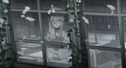 Rule 34 | 1girl, absurdres, aia amare, aia amare (1st costume), aqua eyes, beret, blonde hair, book, braid, commentary, english commentary, eyewear strap, flower, glasses, glitch, gloves, hair between eyes, hat, highres, holding, holding book, long hair, nijisanji, nijisanji en, parted lips, plant, pupothos, rain, solo, vines, virtual youtuber, white gloves, window
