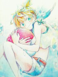 1girl aqua_eyes ball bare_legs bare_shoulders barefoot belt blonde_hair blue_eyes breasts bubble closed_mouth crop_top denim denim_shorts feet holding holding_ball legs looking_at_viewer midriff misty_(pokemon) nintendo orange_hair poke_ball pokemon ponytail sailor_collar shirt short_hair short_ponytail shorts sleeveless sleeveless_shirt smile solo underwater white_shirt