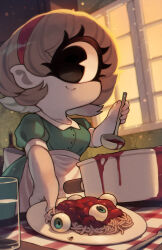 1girl apron black_eyes breasts brown_hair bug colored_skin commentary cooking_pot cyclops dress eyeball fly food fork glass green_dress highres holding holding_ladle insect ladle looking_at_viewer medium_breasts one-eyed original pasta solo spaghetti tablecloth upper_body waist_apron water white_skin window zombiemiso
