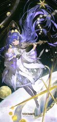 Rule 34 | 1girl, black gloves, blue eyes, blue hair, bow (music), closed mouth, colored inner hair, detached sleeves, dress, floating hair, full body, gloves, gradient pantyhose, gudok, hair intakes, hair ornament, hands up, highres, holding, holding bow (music), instrument, juliet sleeves, kokoshnik, long hair, long sleeves, looking at viewer, mirror, misonyeo s2, multicolored hair, music, musical staff, official alternate costume, pantyhose, planet, playing instrument, print pantyhose, puffy sleeves, reverse:1999, short dress, single glove, sleeveless, sleeveless dress, smile, solo, space, star (symbol), star hair ornament, starry sky print, very long hair, voyager (choir of the stars) (reverse:1999), voyager (reverse:1999), white dress, wide sleeves