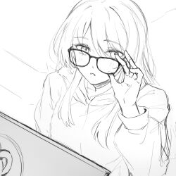1girl adjusting_eyewear bang_dream! bang_dream!_it&#039;s_mygo!!!!! chihaya_anon chinese_commentary commentary_request greyscale highres hood hoodie long_sleeves looking_at_viewer monochrome muonrei00 parted_lips solo upper_body