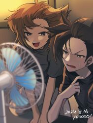 2boys black_hair black_shirt brown_eyes brown_hair clothes_pull commentary_request dated electric_fan highres hot male_focus manjoume_jun multiple_boys open_mouth shirt shirt_pull short_hair sitting smile spiked_hair sweat ten_(100000_910) yu-gi-oh! yu-gi-oh!_gx yuki_judai