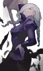 1girl absurdres amirun axe black_dress black_feathers braid braided_bangs braided_ponytail breasts dress feathers hair_over_face hair_over_one_eye highres holding holding_axe jujutsu_kaisen large_breasts long_hair long_sleeves looking_at_viewer mei_mei_(jujutsu_kaisen) one_eye_covered puffy_sleeves simple_background smile solo tight_clothes tight_dress turtleneck turtleneck_dress white_background white_hair