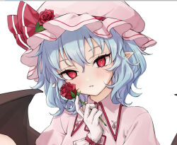 1girl bat_wings blue_hair flower hat head_tilt hiwokawa holding holding_flower light_smile mob_cap pink_hat red_eyes red_flower remilia_scarlet rose short_hair simple_background solo touhou upper_body wings