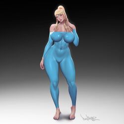 1girl barefoot blonde_hair blue_eyes blue_nails blue_unitard breasts cameltoe covered_navel impossible_clothes large_breasts latex long_hair looking_at_viewer metroid nail_polish nintendo pinkdrawz samus_aran sidelocks solo thick_lips thick_thighs thighs toenail_polish toenails toes watermark web_address