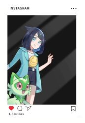 Rule 34 | 1girl, black background, black hair, black shorts, blue eyes, border, closed mouth, colored inner hair, commentary request, cowlick, eyelashes, from below, green jacket, hair ornament, hairclip, happy, heart, instagram, jacket, liko (pokemon), medium hair, multicolored hair, nintendo, open clothes, open jacket, pokemon, pokemon (anime), pokemon (creature), pokemon horizons, shirt, shorts, smile, sprigatito, swept bangs, three-quarter sleeves, white border, white shirt, yellow bag, yibuzhai