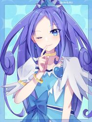 Rule 34 | 1girl, blue background, blue bow, blue eyes, blue hair, blue theme, bow, bracelet, brooch, choker, crystal earrings, cure diamond, dokidoki! precure, earrings, hair ornament, heart, heart brooch, high ponytail, jewelry, lips, long hair, magical girl, one eye closed, ponytail, precure, ruka192, smile, solo, upper body, yellow choker