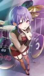 Rule 34 | 1girl, absurdres, bang dream!, bang dream! it&#039;s mygo!!!!!, blush, brown sleeves, brown thighhighs, drum, drum set, foreshortening, from above, full body, garter straps, highres, index finger raised, instrument, izumi kei, looking at viewer, open mouth, purple hair, red eyes, red shirt, red shorts, see-through clothes, see-through sleeves, shirt, short hair, shorts, smile, solo, standing, thighhighs, yuutenji nyamu