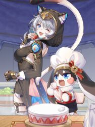 Rule 34 | 1girl, 1other, absurdres, animal ears, apple, black dress, blue eyes, blush stickers, breasts, cake, cat ears, cat girl, cat tail, chef hat, cipher (honkai: star rail), dress, food, fruit, green apple, grey hair, hakka 0922, hat, highres, holding, holding food, holding fruit, honkai: star rail, honkai (series), one eye closed, open mouth, pom-pom (clamoring fry-master!) (honkai: star rail), pom-pom (honkai: star rail), red ribbon, ribbon, smile, strawberry, tail, white hat