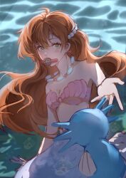 1girl absurdres bikini blue_tail blush breasts earrings gen_1_pokemon green_eyes hair_ornament highres horsea jewelry long_hair looking_at_viewer medium_breasts mermaid mermaid_costume mermaid_misty_(pokemon) misty_(pokemon) monster_girl necklace nintendo o944237403 orange_hair pokemon pokemon_(anime) pokemon_(classic_anime) seashell shell shell_bikini swimsuit underwater water watermark