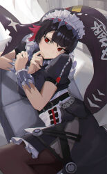 1girl absurdres apron belt black_belt black_dress black_hair blush brown_pantyhose closed_mouth colored_inner_hair commentary_request dress ellen_joe facing_viewer fins fish_tail highres looking_to_the_side maid_headdress multicolored_hair mvua3435 pantyhose pink_hair puffy_short_sleeves puffy_sleeves red_eyes shark_tail short_sleeves solo tail white_apron wrist_cuffs zenless_zone_zero