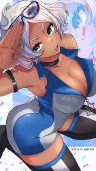 1girl arm_belt arm_up artist_name breasts cleavage collar commentary_request curvy dark-skinned_female dark_skin dated eyewear_on_head fluffy_hair green_eyes gundam gundam_suisei_no_majo highres large_breasts mizuno374 nail_polish race_queen secelia_dote skin_tight skindentation striped_clothes striped_thighhighs thick_thighs thighhighs thighs twitter_username white_hair zipper
