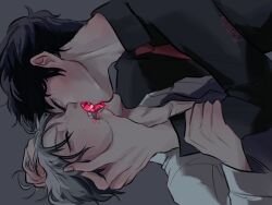 2boys alien_stage black_hair black_shirt closed_eyes collared_shirt commentary english_commentary grey_background grey_hair hand_on_another&#039;s_face hand_on_another&#039;s_head highres holding_another&#039;s_arm ivan_(alien_stage) kiss long_sleeves male_focus mothwoo multiple_boys necktie red_necktie shirt short_hair signature tears till_(alien_stage) very_short_hair white_shirt yaoi
