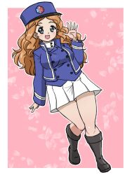 1girl bc_freedom_(emblem) bc_freedom_military_uniform black_boots blue_eyes blue_hat blue_jacket blush boots breasts collared_shirt curly_hair emblem floral_background girls_und_panzer hat isabe_(girls_und_panzer) jacket kepi knee_boots large_breasts long_hair military_hat miniskirt open_mouth orange_hair petals pink_background pleated_skirt shirt simple_background skirt smile takahashi_kurage thighs waving white_shirt white_skirt