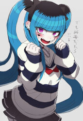 1girl amemiya_darumi black_hair black_skirt blue_hair blush ear_piercing earrings face_piercing female_focus heart highres japanese_text jewelry lip_piercing makeup open_mouth piercing pleated_skirt runny_makeup safety_pin shirt skirt solo solo_focus striped_clothes striped_shirt the_hundred_line_-last_defense_academy- translation_request twintails white_background
