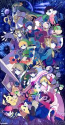 4girls 6+boys alien animal_crossing armband armlet artist_name baseball_cap blonde_hair blue_eyes blue_hair blue_pikmin bow_(weapon) bowser_jr. butterfly_net capelet crown dress earrings facial_hair fire_emblem food fox_mccloud galaxia_(sword) game_&amp;_watch gen_1_pokemon gloves gun hair_ornament hand_net hat high_heels highres holding holding_sword holding_weapon jewelry jigglypuff kid_icarus kirby kirby_(series) koopa_clown_car liarhatter link looking_at_viewer luma_(mario) mario mario_(series) marth_(fire_emblem) mask meta_knight metroid mother_(series) mother_2 mr._game_&amp;_watch multiple_boys multiple_girls mustache necklace ness_(mother_2) nintendo olimar outstretched_arm overalls palutena parasol pikachu pikmin_(creature) pikmin_(series) pit_(kid_icarus) pokemon pokemon_(creature) ponytail princess_peach princess_zelda red_pikmin rosalina samus_aran shield shoulder_pads sidelocks smash_ball solid_oval_eyes spacesuit staff star_fox super_mario_galaxy super_smash_bros. sword the_legend_of_zelda the_legend_of_zelda:_the_wind_waker the_legend_of_zelda:_twilight_princess tiara toon_link turnip umbrella vegetable villager_(animal_crossing) wand weapon white_gloves wings yellow_pikmin zero_suit