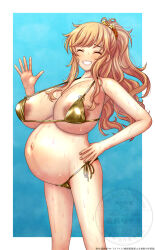 1girl absurdres anetani_kiki areola_slip armpits big_belly bikini blonde_hair blue_background blush breasts cleavage closed_eyes dark_areolae eyebrows_hidden_by_hair gold_bikini hair_tie hand_on_own_hip highres huge_breasts idolmaster idolmaster_cinderella_girls long_hair looking_at_viewer navel ohtsuki_yui open_mouth ponytail pregnant sagging_breasts shadow sideboob smile solo stomach sweat swimsuit teeth waving