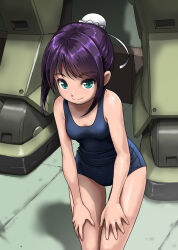 1girl bare_arms bare_shoulders blue_one-piece_swimsuit breasts bun_cover closed_mouth commentary_request green_eyes hair_bun highres leaning_forward mecha one-piece_swimsuit original purple_hair robot rohitsuka school_swimsuit sidelocks small_breasts smile solo standing swimsuit