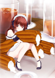 1girl amo_(rnrkrn) bare_shoulders brown_eyes brown_hair churro coffee cream cup drinking_glass dripping female_focus food high_heels highres hugging_object ice ice_cube in_food long_hair looking_at_viewer maid_headdress mini_person minigirl original solo