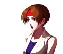 Rule 34 | 1girl, breasts, brown eyes, brown hair, female focus, hairband, medium breasts, open mouth, pale skin, shirt, the king of fighters, yuri sakazaki