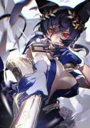 1girl animal_ears black_hair breasts chromatic_aberration erune flower frilled_gloves frills gloves granblue_fantasy gun hair_between_eyes hair_ornament highres holding holding_gun holding_weapon ilsa_(formal)_(granblue_fantasy) ilsa_(granblue_fantasy) kogome_(azalea4) large_breasts long_bangs red_eyes rose solo twitter_username watermark weapon