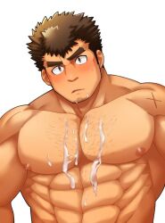 1boy abs bara blush brown_hair cum cum_on_body cum_on_male cum_on_pectorals facial facial_hair goatee goatee_stubble implied_yaoi large_pectorals long_sideburns looking_at_viewer male_focus muscular muscular_male nipples nude obliques oskn_tengoku parted_lips pectorals scar short_hair sideburns solo sparse_chest_hair strongman_waist stubble takabushi_kengo thick_eyebrows tokyo_houkago_summoners upper_body