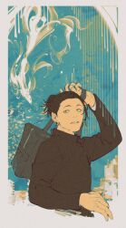 Rule 34 | 1boy, animal, arms up, bag, black bag, black hair, black jacket, border, cropped torso, earrings, fish, getou suguru, hair bun, highres, holding, holding bag, jacket, jewelry, jujutsu kaisen, layered sleeves, long sleeves, looking up, male focus, mim (mimya0600), parted lips, piercing, sanpaku, single hair bun, solo, stud earrings, teeth, white border