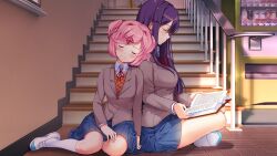 2girls blazer blue_skirt blush book bookmark breasts brown_jacket brown_sweater_vest buttons closed_eyes collared_shirt commentary crossed_legs curled_fingers day doki_doki_literature_club doki_doki_literature_club_plus doki_doki_literature_club_school_uniform dot_nose dress_shirt english_commentary eyebrows_hidden_by_hair from_side furrowed_brow game_cg grey_jacket hair_intakes hair_ornament hair_ribbon hairclip hand_on_own_thigh head_on_another&#039;s_shoulder highres holding holding_book impossible_clothes indoors jacket kneehighs large_breasts leaning_on_person leaning_to_the_side long_eyelashes long_hair long_sidelocks lucidsky mary_janes miniskirt multiple_girls natsuki_(doki_doki_literature_club) neck_ribbon non-web_source official_art on_floor open_book parted_bangs pink_hair pleated_skirt profile purple_hair red_ribbon ribbon school_uniform shadow shirt shoes short_hair sidelocks sitting skirt small_breasts smile socks squchan stairs stairwell straight-on sunlight sweater_vest thick_eyelashes thighs two_side_up vending_machine very_long_hair wet_floor_sign white_shirt white_shoes white_socks wing_collar wooden_floor x_hair_ornament yokozuwari yuri_(doki_doki_literature_club)