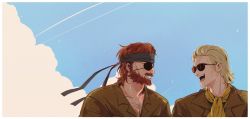 2boys :d bad_id bad_twitter_id bandana beard big_boss blonde_hair blue_sky border brown_hair chest_hair cloud collarbone commentary english_commentary eyepatch facial_hair film_grain from_side highres kazuhira_miller looking_at_another male_focus metal_gear_(series) mullet multiple_boys mustache open_mouth res_(spkofthdvl) sky smile sunglasses upper_body white_border yellow_neckwear