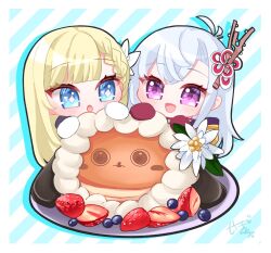 +_+ 2girls blonde_hair blue_eyes blueberry braid chibi clarice_(rune_factory) cream flower food fruit hair_branch hair_ornament kaguya_(rune_factory) karingityou multiple_girls open_mouth pancake pink_eyes rune_factory rune_factory:_guardians_of_azuma single_braid smile strawberry white_hair woolby